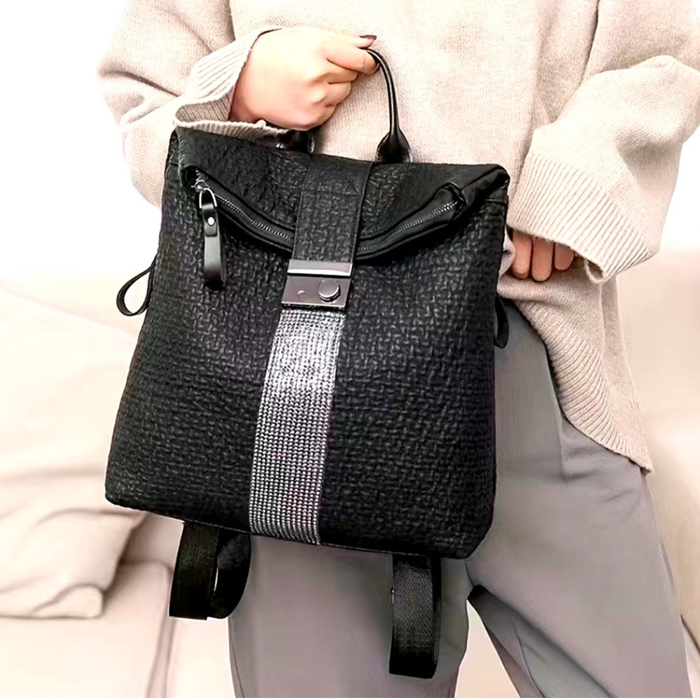 Genuine Leather Back Pack and Rhinestones Black Backpack
